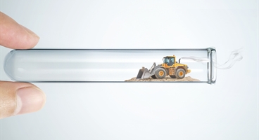 Portrait format. One of the main campaign images for the NRMM Stage V campaign. The imagery shows different examples of the equipment that lie within the scope of the new regulation. This version shows a digger representing the construction industry.